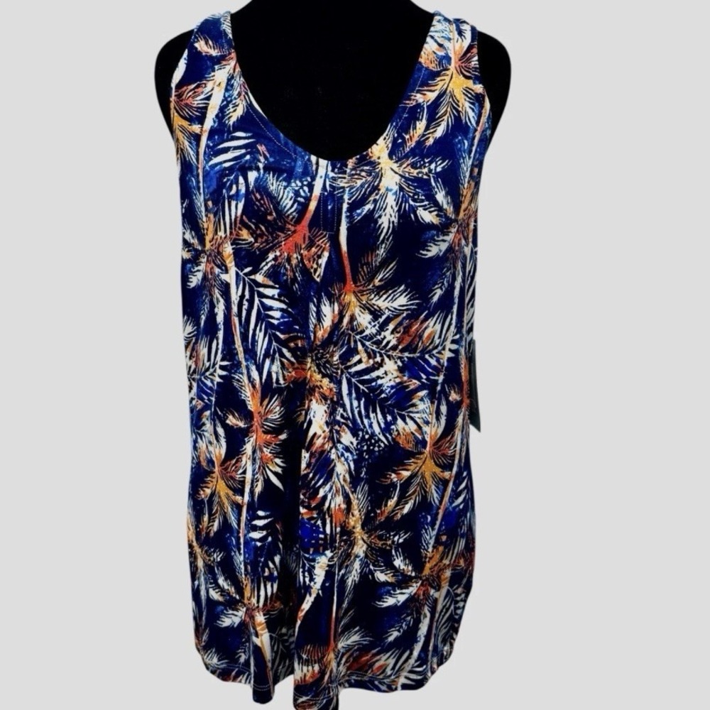 NEW Blue Flowy Tank Top Womens M Summer Palm Trees Beach Island Coastal Boho - Picture 5 of 13